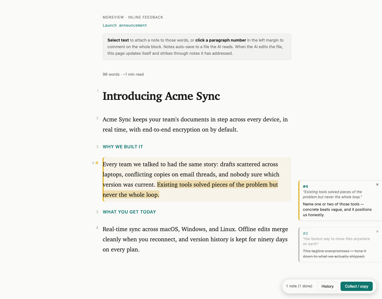 The mdreview viewer mid-review: a rendered markdown draft with a reviewer's margin note attached to a paragraph, and an earlier note shown struck through because the agent's revision already addressed it.
